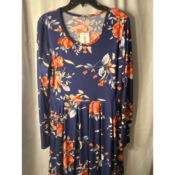 NWT Auselily Womens Size L Dark Blue w Red Roses Soft long Sleeve - Picture 3 of 16